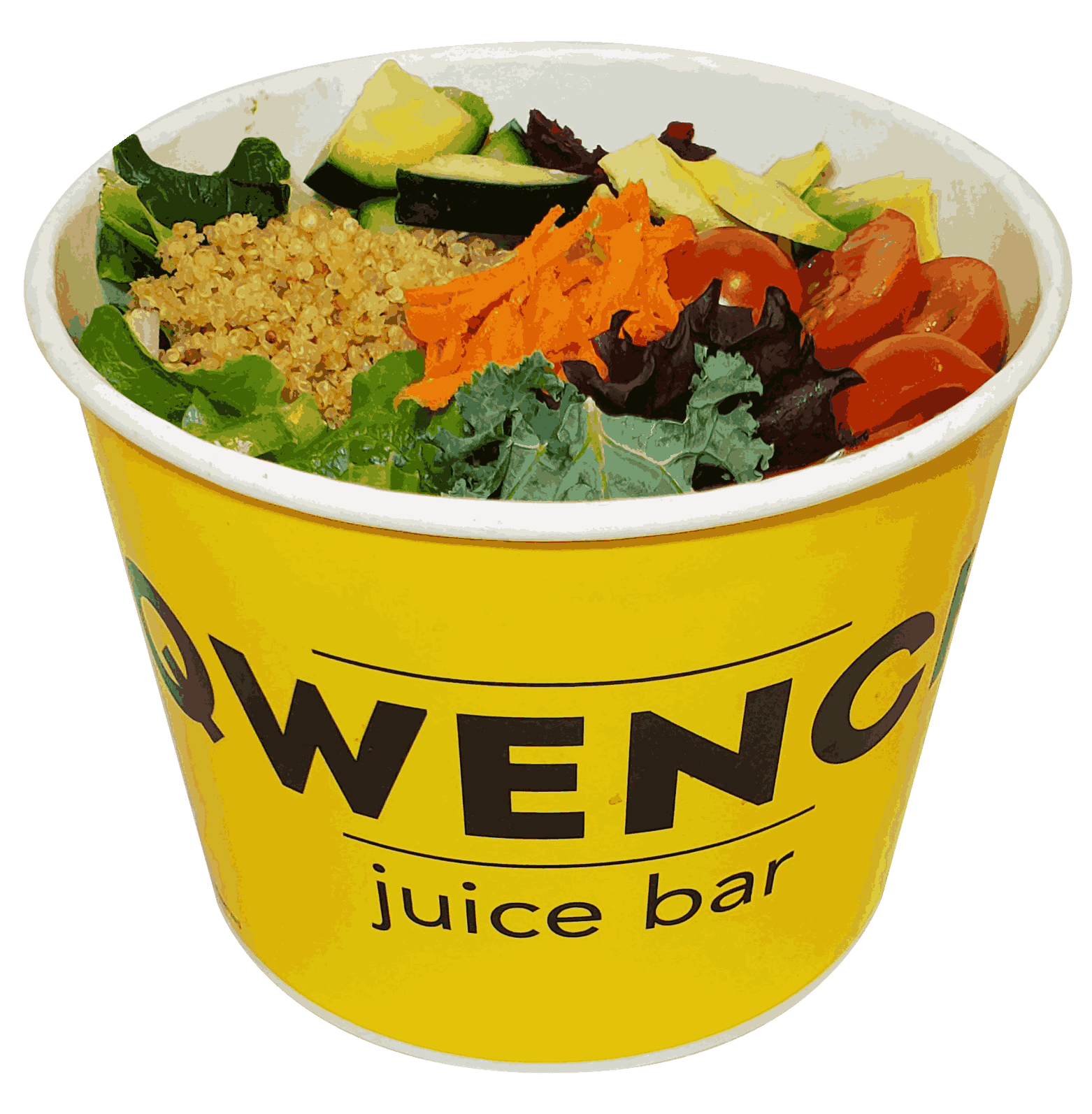 A yellow bowl of food with a black and white logo.